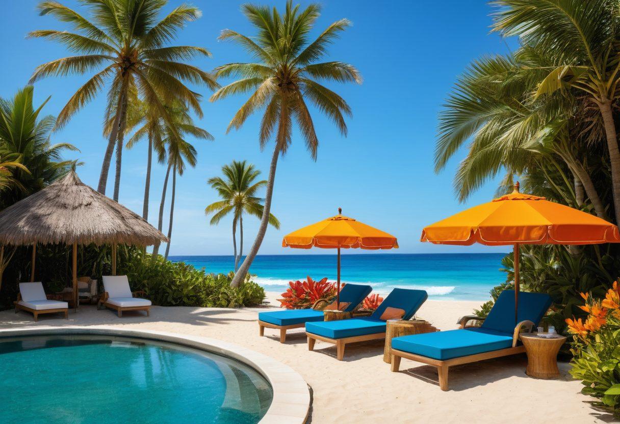 A sunny beach scene showcasing a stylish poolside with vibrant tropical plants, a chic sun lounger, and colorful beach umbrellas. Include a fashionable beachgoer wearing trendy swimwear and accessories, sipping a coconut drink, with splashes of blue ocean waves in the background. Incorporate a bright and lively atmosphere that evokes a sense of summer paradise. super-realistic. vibrant colors. beach vibe.